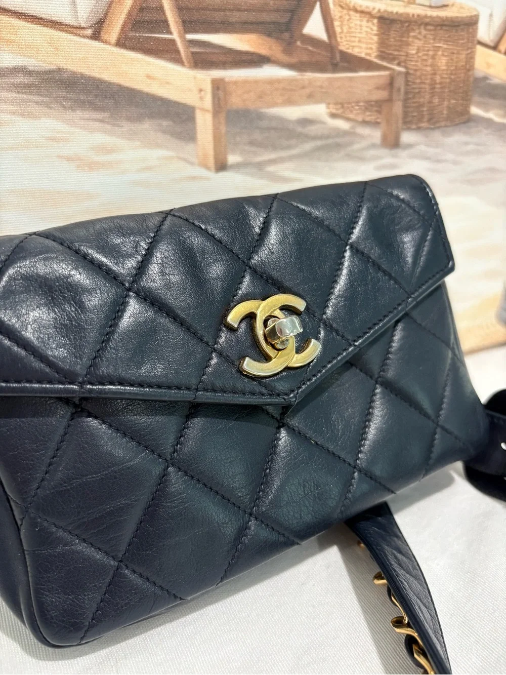 Authentic Chanel Navy Matelassé leather Belt Bag w Certificate of Authenticity
